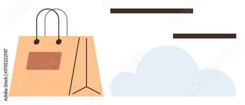 Paper shopping bag with handles near a cloud and horizontal lines. Ideal for e-commerce, online shopping, delivery, data transfer, environmental awareness, retail business, digital marketing. Simple