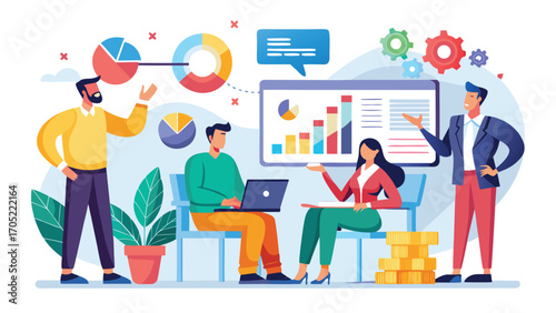 Business team collaboration in a modern office setting showcasing data analysis and presentation