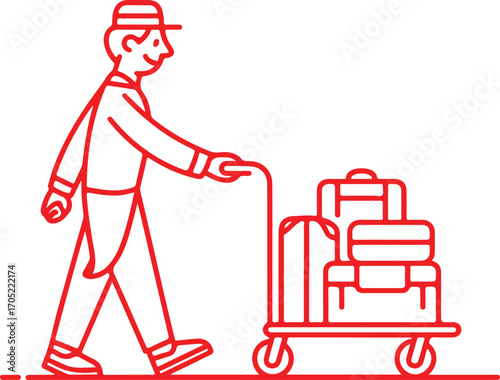 Red line art bellhop with luggage cart icon hotel staff
