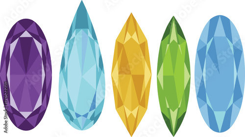 Gemstone vector set, faceted jewel illustration, colorful crystal clipart, marquise oval teardrop shapes, luxury design elements, gem collectionGemstone vector set, faceted jewel illustration, 