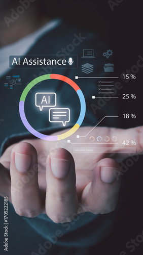 A person shows a holographic AI assistant with a chat icon and data graphs on their hand, illustrating futuristic technology for business analysis and interactive command prompts.