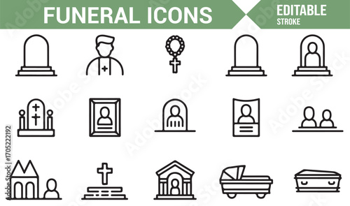 Religious funeral icons set with church, cross, priest, coffin, and memorial markers