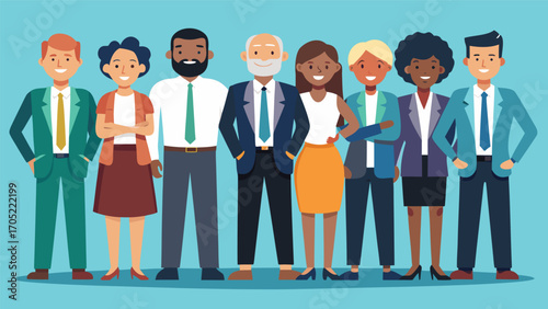 Diverse group of professionals standing together in a modern office environment with a positive atmosphere