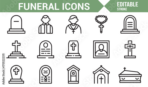 Editable thin stroke icons of mourning, remembrance, and burial traditions