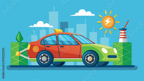 Vibrant electric car in a modern cityscape showcasing green energy initiatives and urban innovation