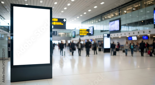 Blank advertising billboard stands at the airport terminal hall with blurry people walking in background.