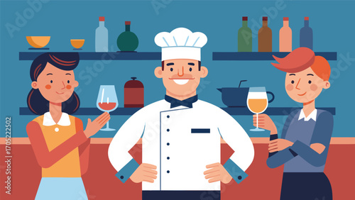 Chef proudly stands with two women at a vibrant bar during an evening celebration in a cozy restaurant