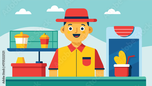 Friendly vendor at a colorful outdoor stand serving snacks and drinks in a sunny location