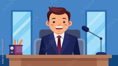 Businessman smiling at desk in modern office environment during daytime