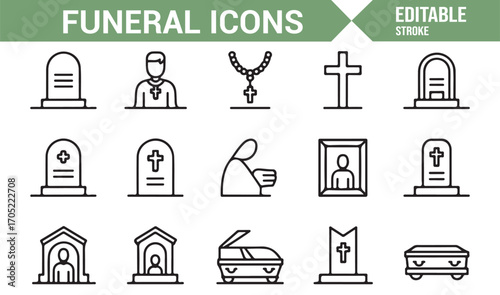 Editable outline icons of death and remembrance for religion, burial, and grief themes