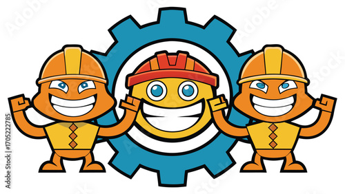 Fun cartoon characters with hard hats and a smiling face in a colorful gear design, perfect for children's themes