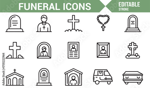Editable stroke funeral icons set with memorial symbols, graves, and religious elements