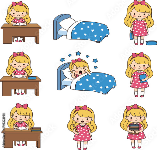 Girl daily routine cartoon, emotional school activity set, sleeping, crying, reading, writing, sick moment, educational character vector