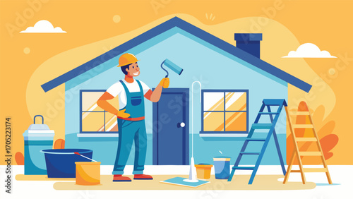 Home improvement project with a painter working on exterior walls during a sunny day