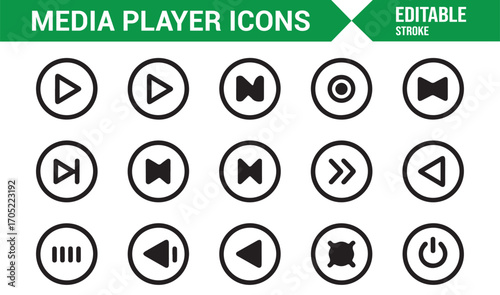 Multimedia technology icons of audio and video controls in editable line art style