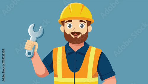 Friendly construction worker showing a wrench against a blue background in a sunny, cheerful atmosphere