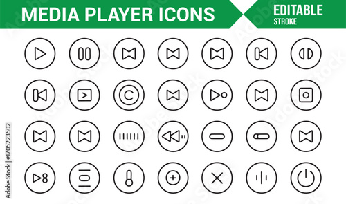 Circle media player icons pack with sound, navigation, and interface design elements