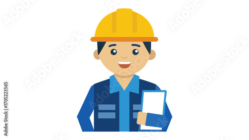 Construction worker with helmet and clipboard smiling in a professional setting