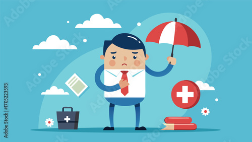 Businessman holding umbrella with health symbols and paperwork in a minimalistic urban setting