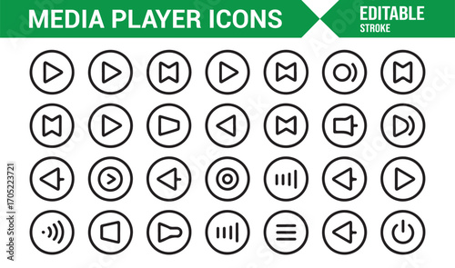 Digital playback and control button icons set in clean thin outline stroke style
