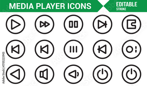 Minimal media player icon collection for technology, apps, and multimedia projects
