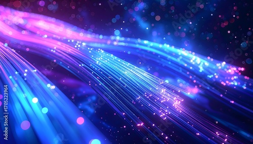 Abstract image of glowing fiber optic cables in blue and purple hues. The tangled lines symbolize high-speed data transfer and global digital network connectivity