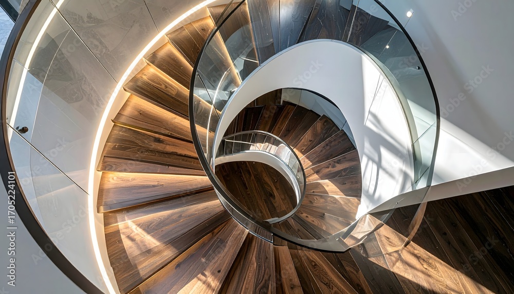 Fototapeta premium Architectural detail of a spiral staircase with transparent glass and polished wooden steps. The elegant, curved form creates a mesmerizing pattern leading upward