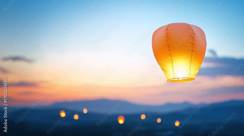 Fototapeta premium Summer gradient in a sky lantern festival, with glowing colors filling the warm evening air.