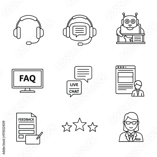Customer service and support icons including headphones chat bot F A Q live chat and feedback headset