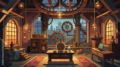 Unique steampunk workshop with intricate gears and warm lighting during late afternoon hours