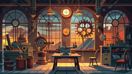 Workshop at sunset showcasing intricate gears and vintage tools in a cozy environment