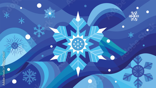 Vibrant snowflake surrounded by swirling shades of blue waves and winter motifs