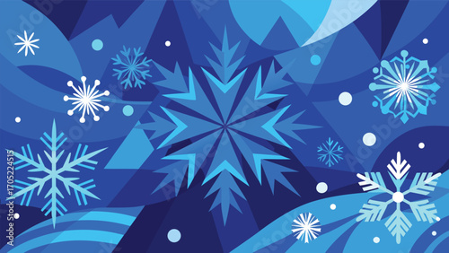 Beautiful blue snowflakes and geometric patterns create a winter wonderland background design