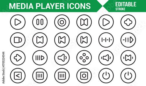 Thin line editable stroke icons of media player navigation for digital interfaces