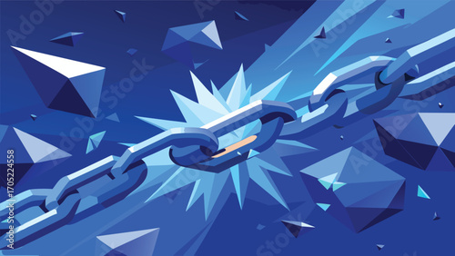 Dynamic visual of a breaking chain with shards in a blue background