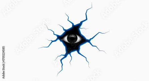 A cracked window into perception, an eye peering from fractured reality in digital artwork