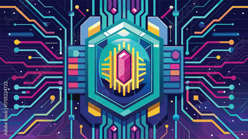 Abstract digital design featuring vibrant circuits and geometric shapes creating a modern tech aesthetic