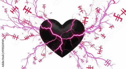 A shattered heart resonating with luminous energy amidst abstract symbolic forms illustration