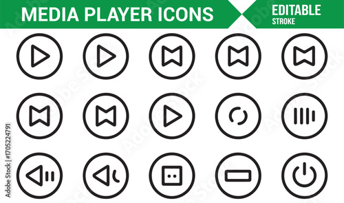 Multimedia player line icons collection with audio and video navigation symbols