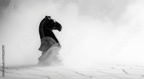 A solitary knight on a fractured plane amidst billowing mists of strategy and vision