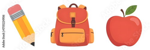 Back to school essentials featuring a pencil backpack and apple for education and learning resources on a white background for teachers and students