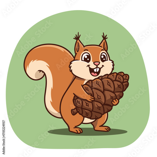 A cheerful cartoon squirrel stands upright, clutching a large pine cone with its bushy tail raised, set against a clean green backdrop that highlights its woodland charm.