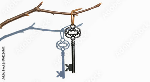 A vintage key hanging from a branch casts an intriguing shadow, evoking secrets and possibilities
