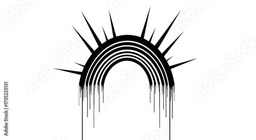 Abstract graphic composition showcases a melting rainbow with sharp spikes on a stark white