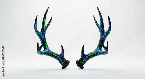 Abstract holographic deer antlers on a stark white background, futuristic aesthetic