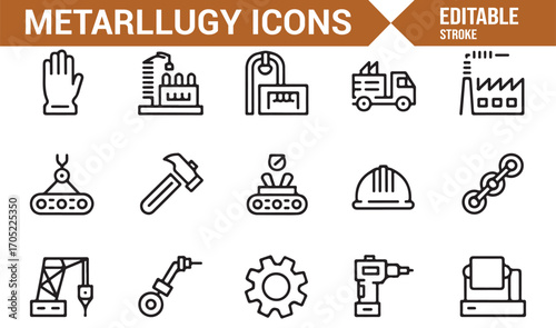 Heavy industry metallurgy icons set for factory, foundry, and manufacturing projects