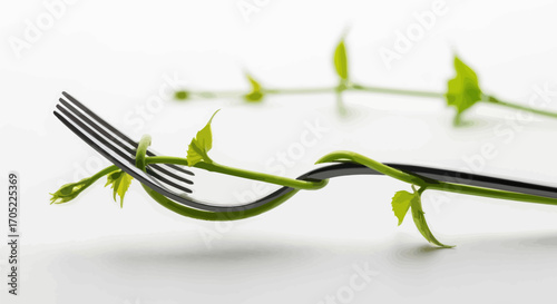 Artistic depiction of a fork entwined with a delicate vine signifying healthy eating and growth