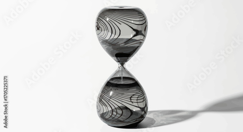 Artistic hourglass with swirling patterns showcasing the passage of time in monochrome