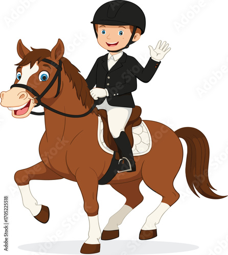 Horse riding cartoon, cheerful rider character, equestrian activity illustration, waving gesture, saddle and bridle vector, outdoor sports design