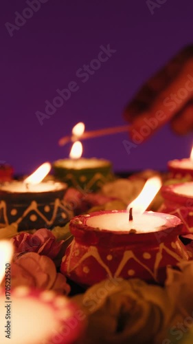 Hand lights up small candles for Indian Diwali celebration